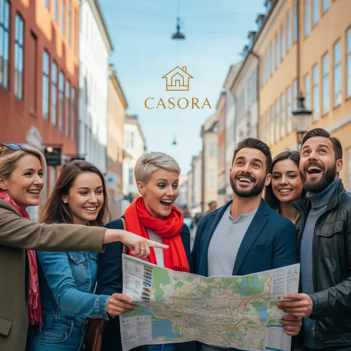 A group of happy people, possibly a family or professionals, looking at a map or their new surroundings in Copenhagen.