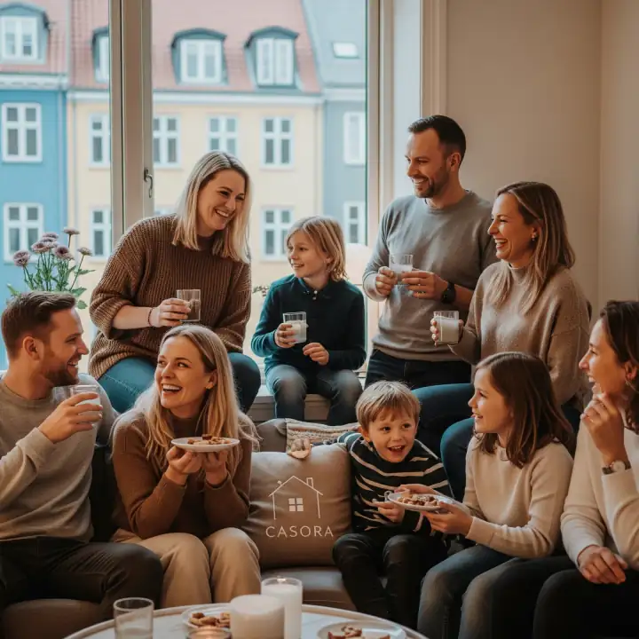 A family or group of friends smiling and settled into their new home in Copenhagen